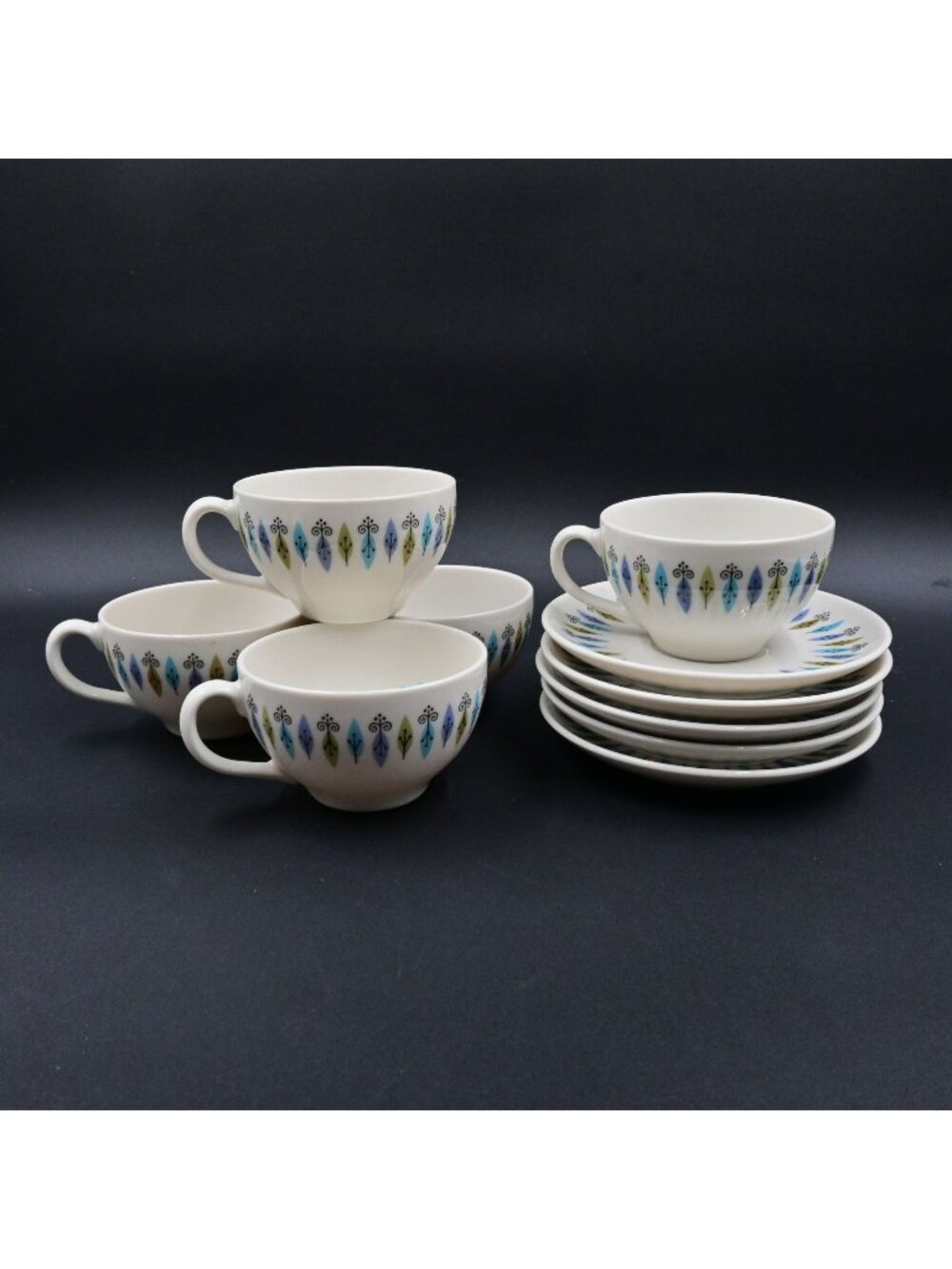 Syracuse China Carefree Nordic Teacups Saucers Set of 5 Mid Century Modern